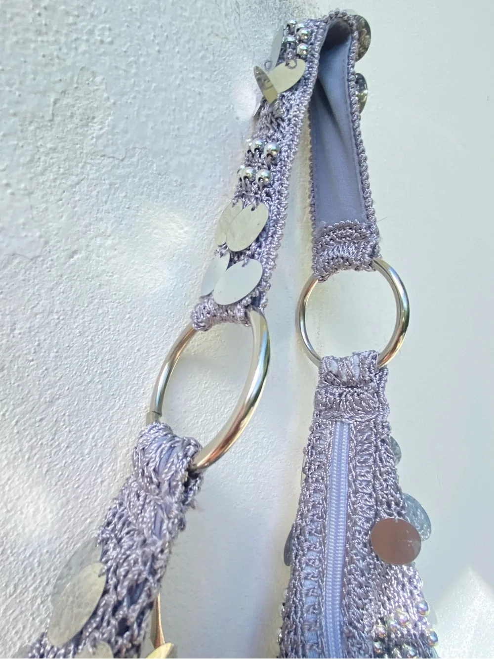 Y2K Grey Crochet Silver Sequin Hobo Shoulder Bag